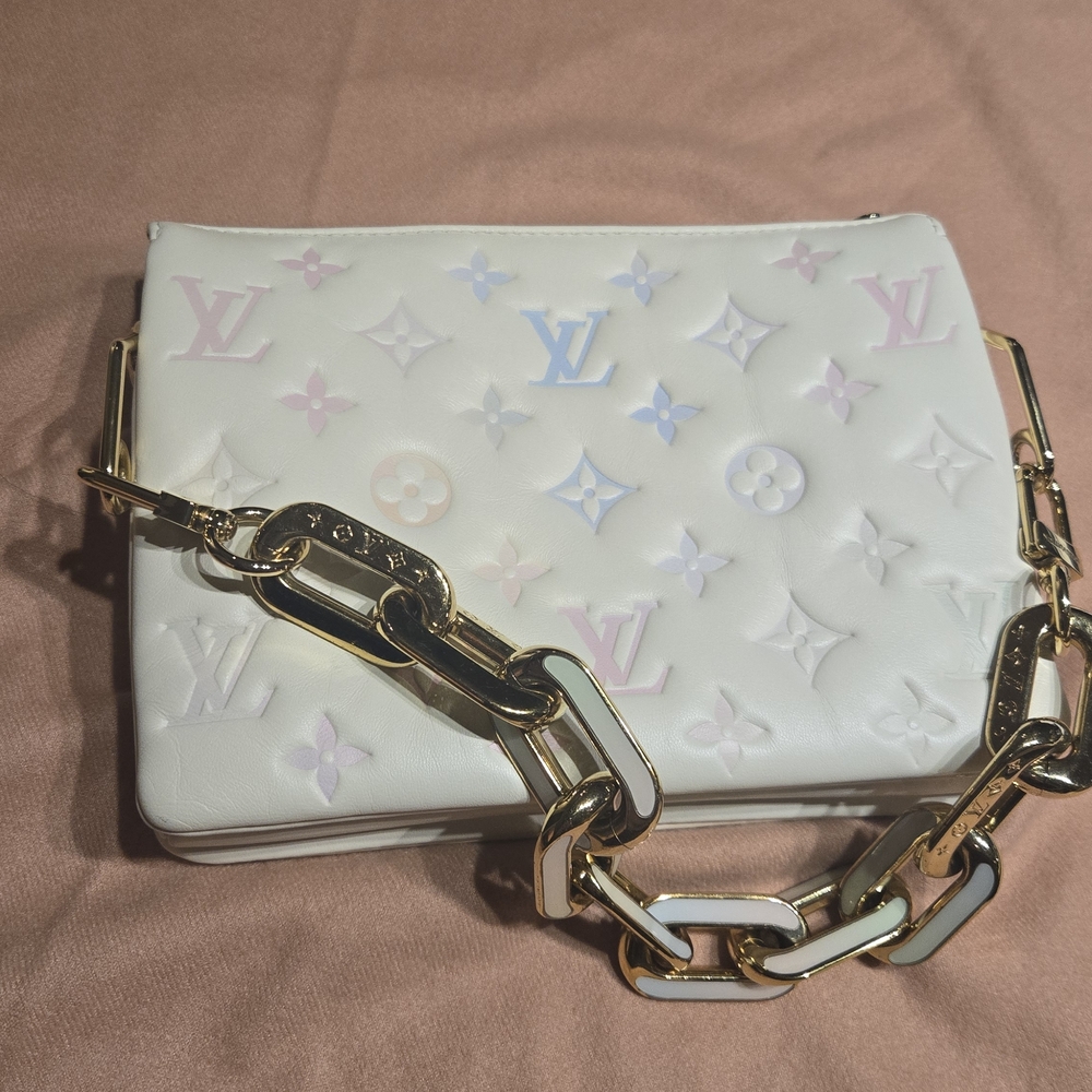 Louis Vuitton White and Gold Women's Bag With Multicolor Logo Coussin